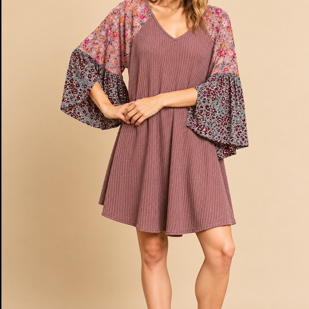 Umgee USA Dress Womens S Mauve Floral Leopard Balloon Sleeve Boho Tunic - Picture 2 of 12
